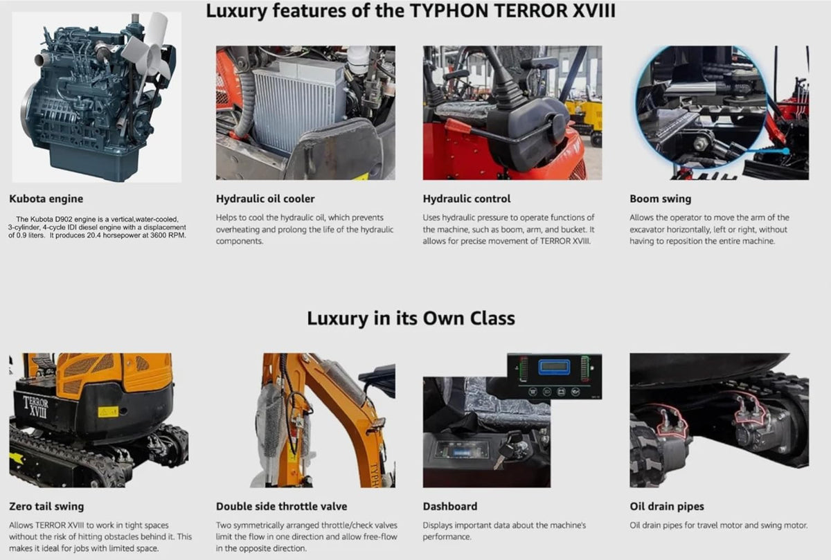 4,000 lbs Terror XVIII Mini Excavator, EPA Certified KUBOTA D902 Diesel Machine