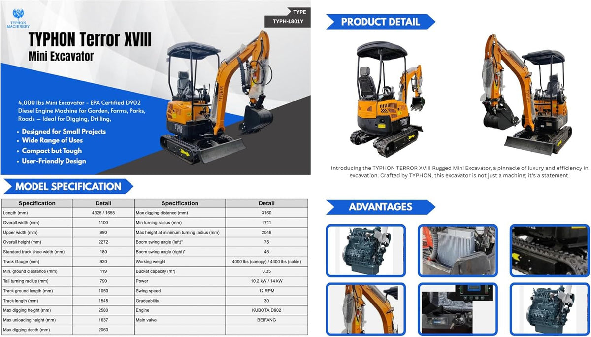 4,000 lbs Terror XVIII Mini Excavator, EPA Certified KUBOTA D902 Diesel Machine